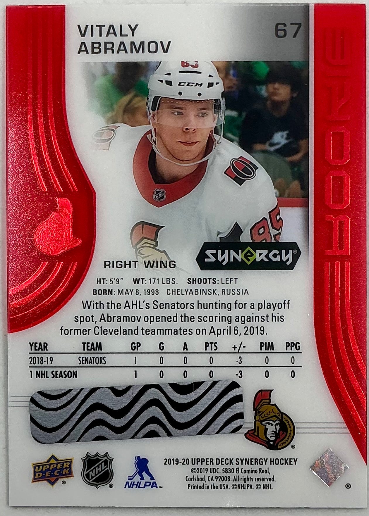 2019-2020 UD Synergy Parallel Rookie Vitaly Abramov #67 [Red] Bounty