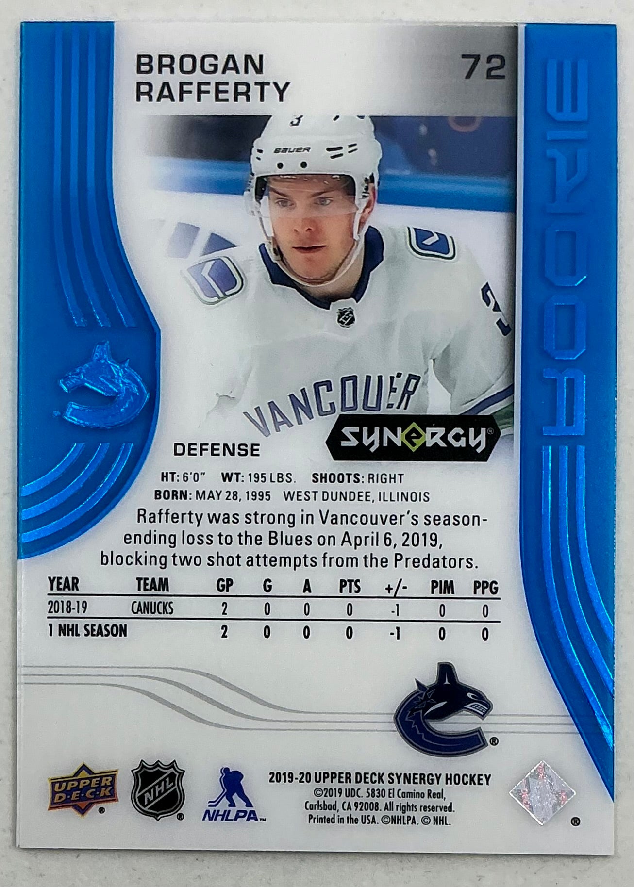 2019-2020 UD Synergy Parallel Rookie Brogan Rafftery #72 [Blue] /399