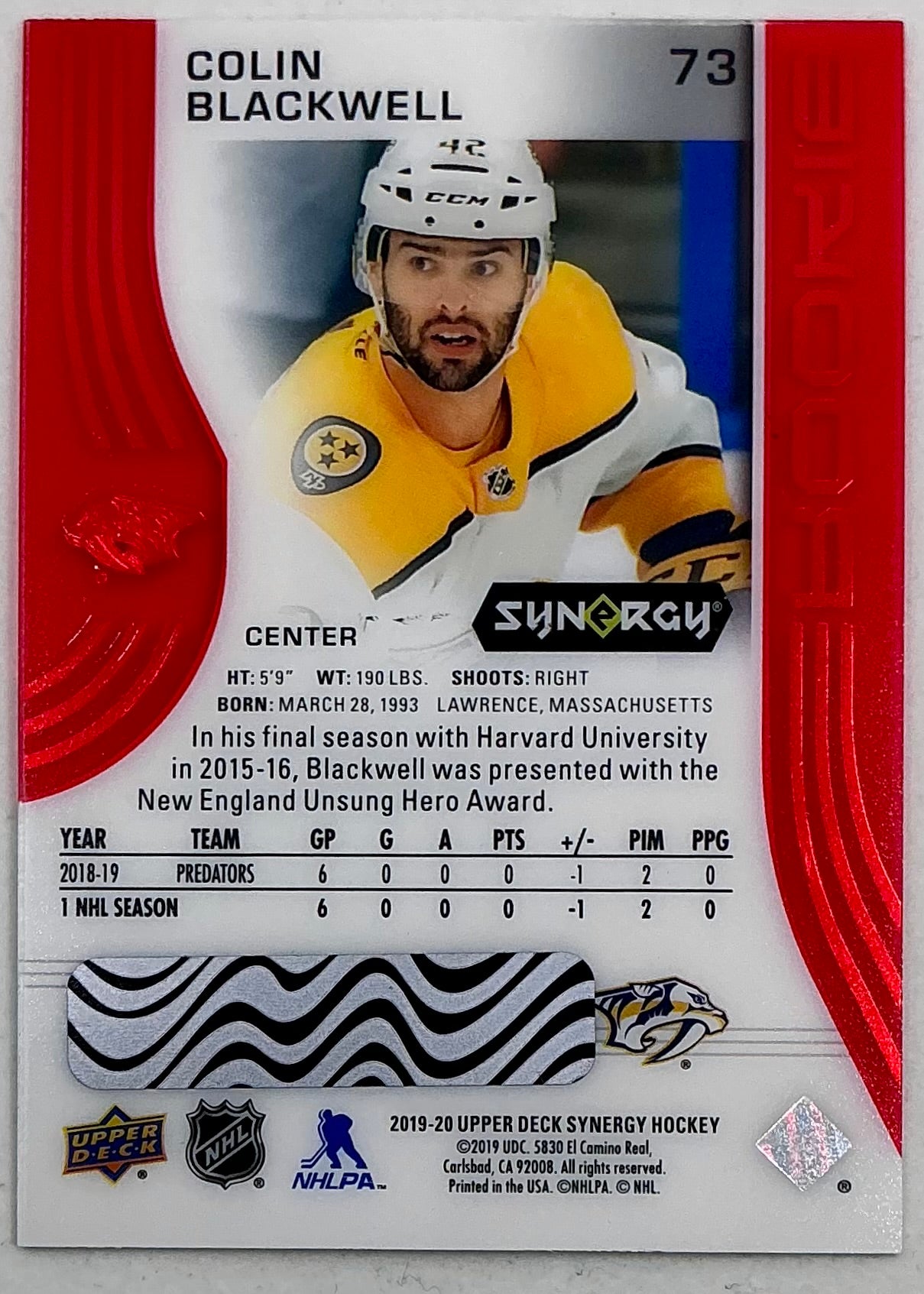 2019-2020 UD Synergy Parallel Rookie Colin Blackwell #73 [Red] Bounty