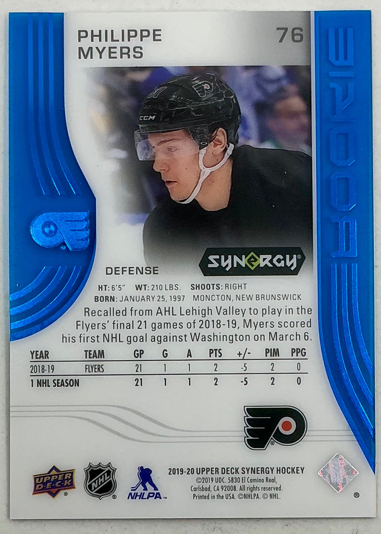 2019-2020 UD Synergy Parallel Rookie Philippe Myers #76 [Blue] /399