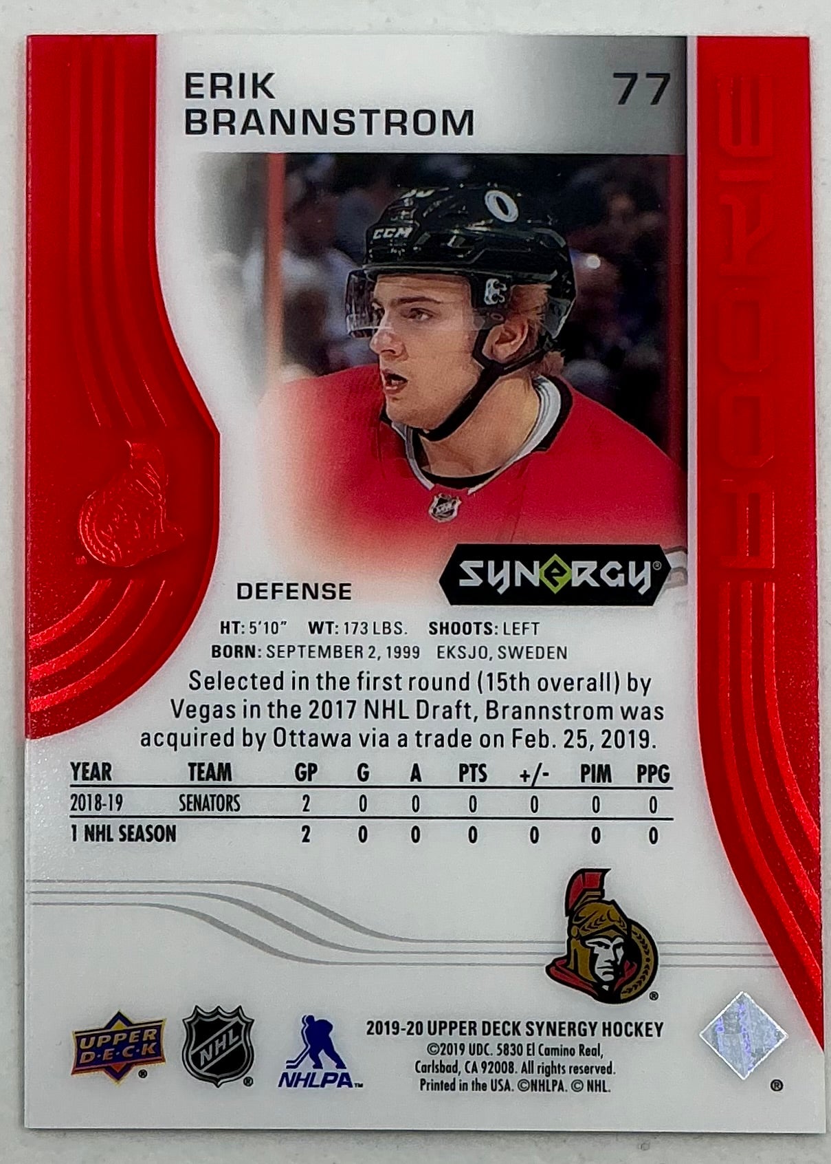 2019-2020 UD Synergy Parallel Rookie Erik Brannstrom #77 [Red] Bounty