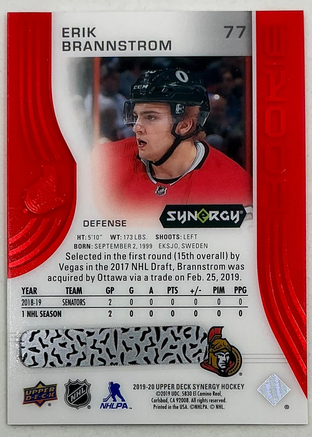 2019-2020 UD Synergy Parallel Rookie Erik Brannstrom #77 [Red] Bounty