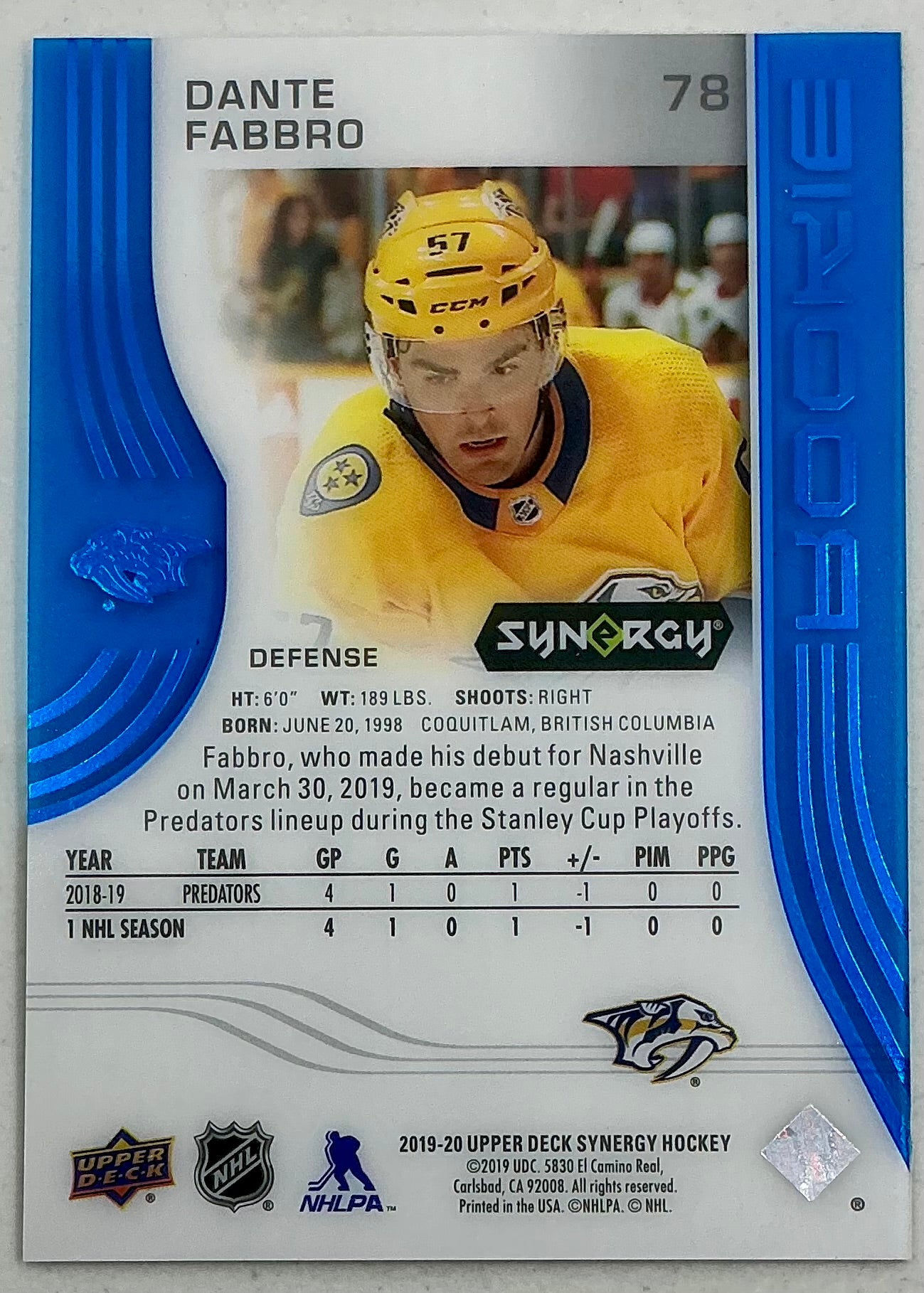 2019-2020 UD Synergy Parallel Rookie Dante Fabbro #78 [Blue] /399