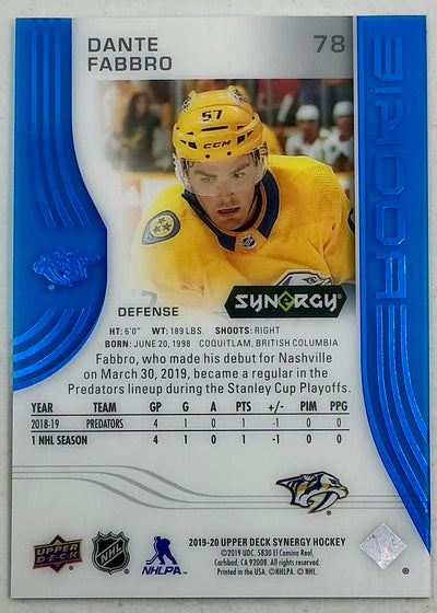 2019-2020 UD Synergy Parallel Rookie Dante Fabbro #78 [Blue] /399