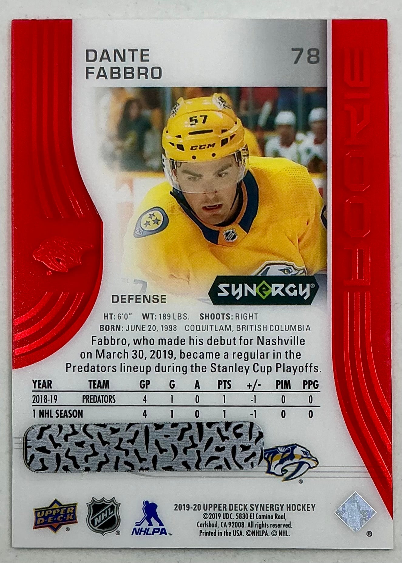 2019-2020 UD Synergy Parallel Rookie Dante Fabbro #78 [Red] Bounty