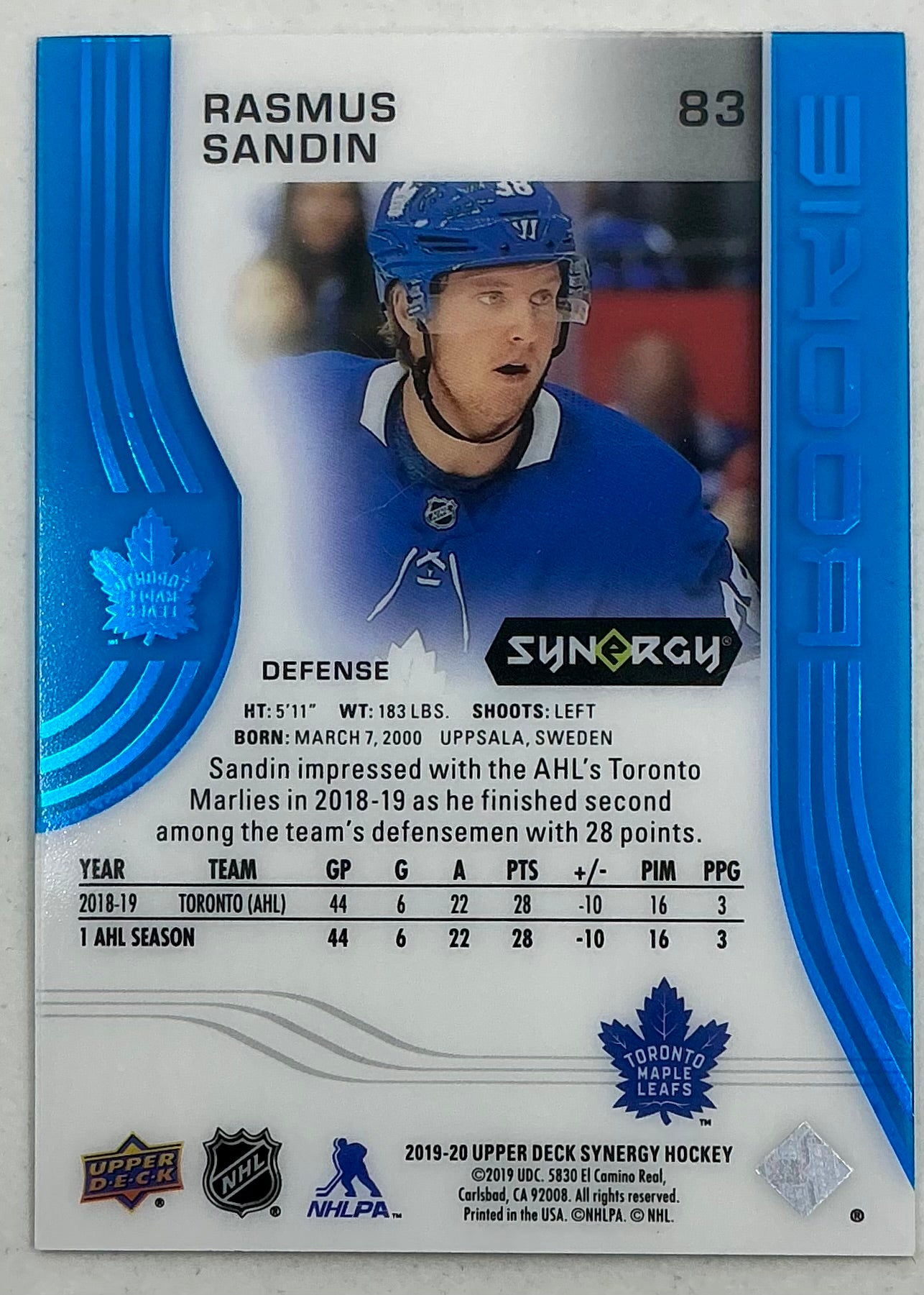 2019-2020 UD Synergy Parallel Rookie Rasmus Sandin #83 [Blue] /399
