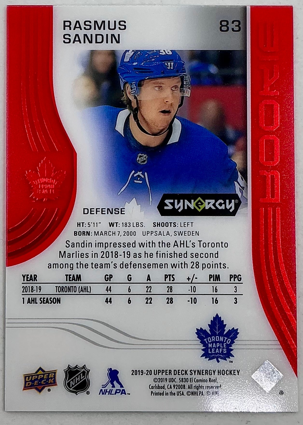 2019-2020 UD Synergy Parallel Rookie Rasmus Sandin #83 [Red]
