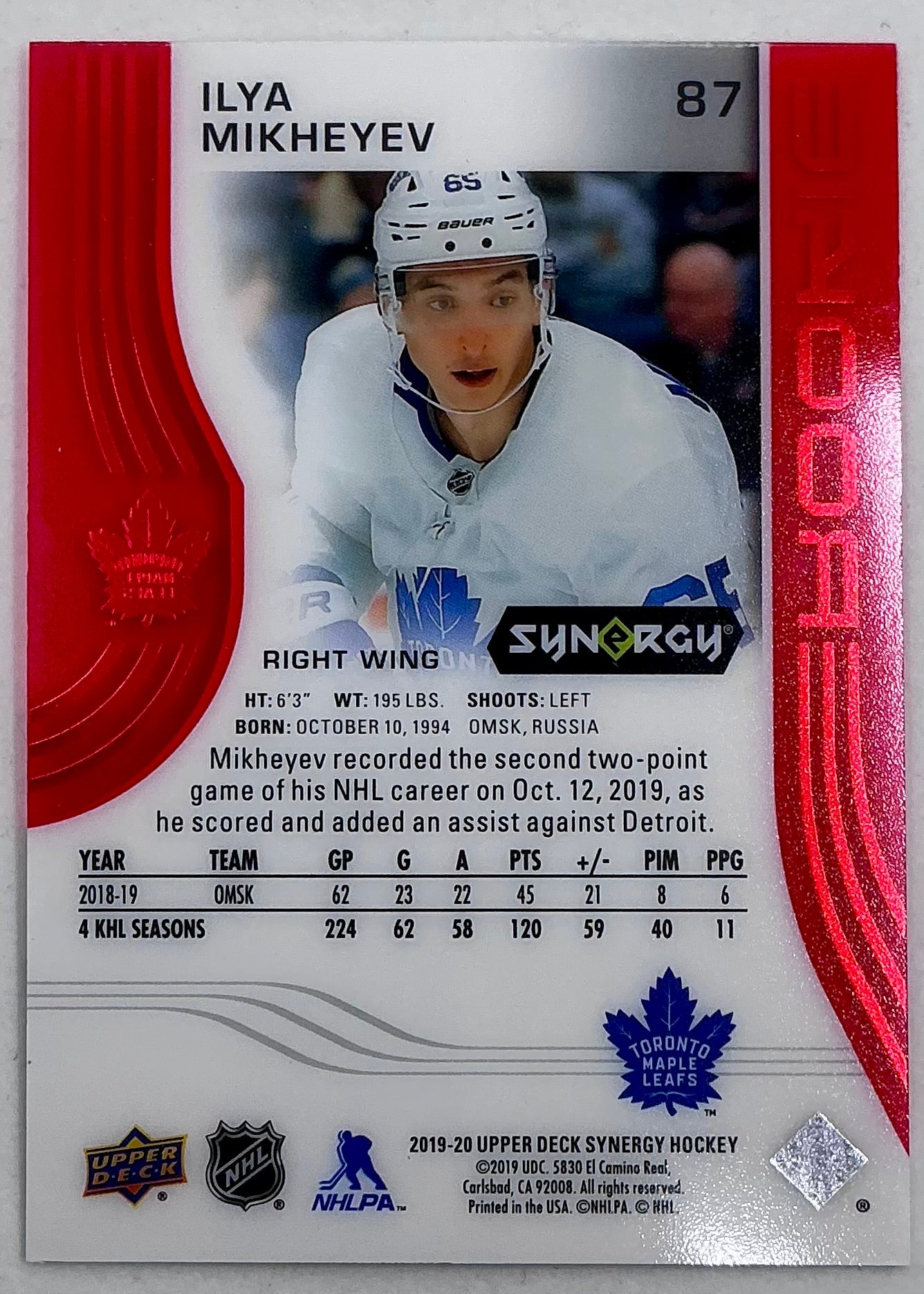 2019-2020 UD Synergy Parallel Rookie Ilya Mikheyev #87 [Red]