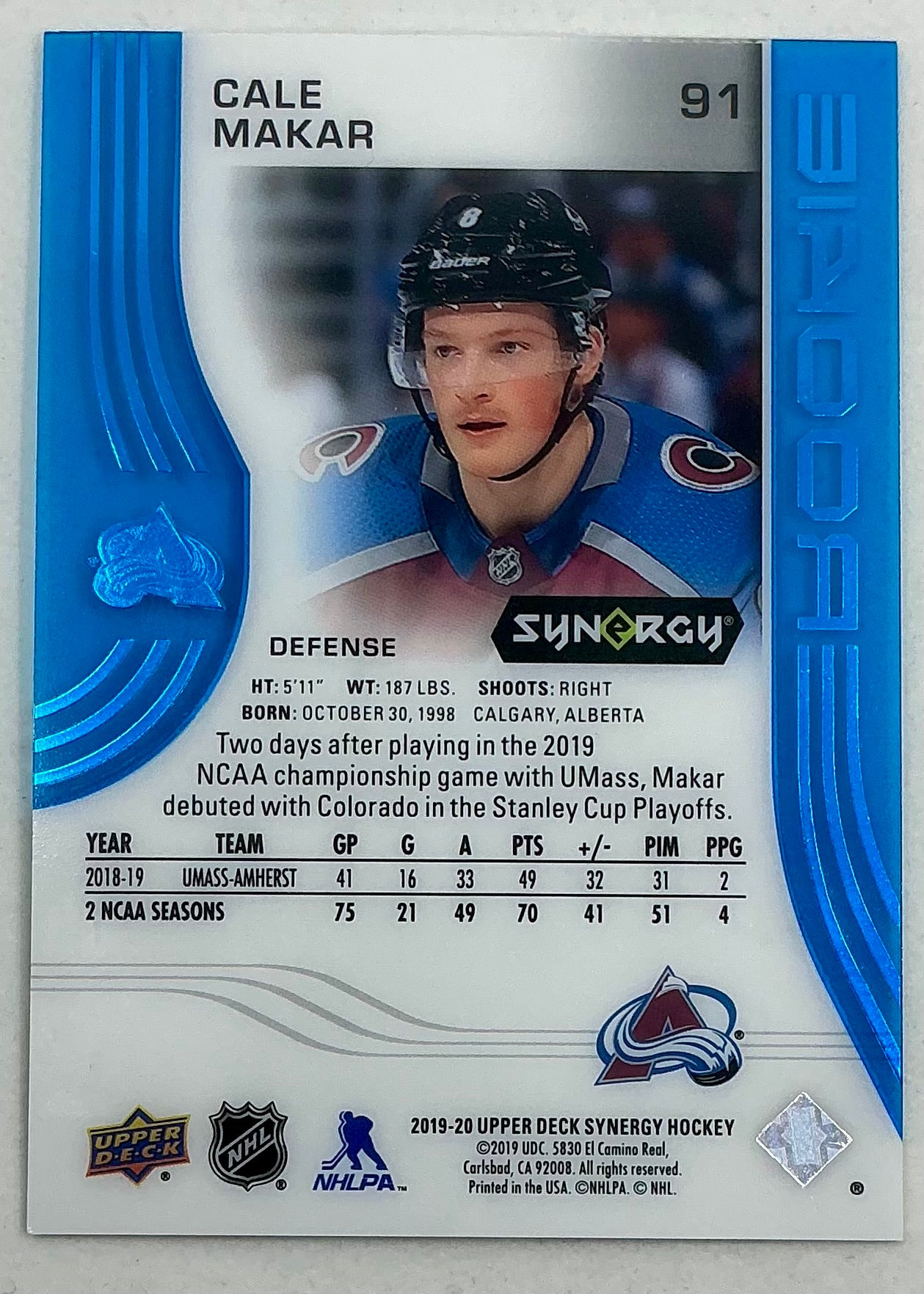2019-2020 UD Synergy Parallel Rookie Cale Makar #91 [Blue] /399