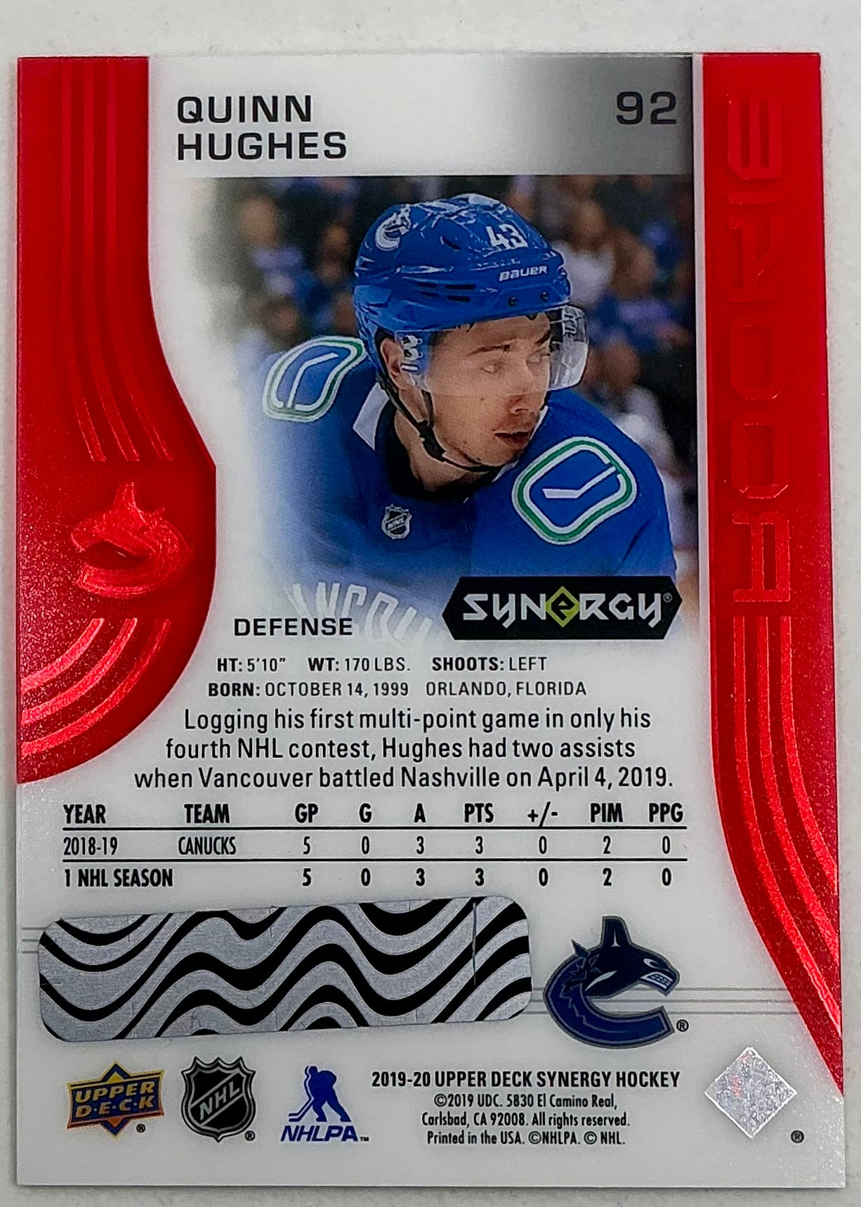2019-2020 UD Synergy Parallel Rookie Quinn Hughes #92 [Red] Bounty