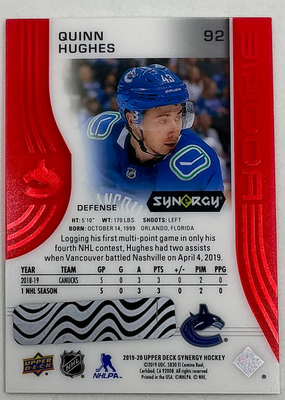 2019-2020 UD Synergy Parallel Rookie Quinn Hughes #92 [Red] Bounty