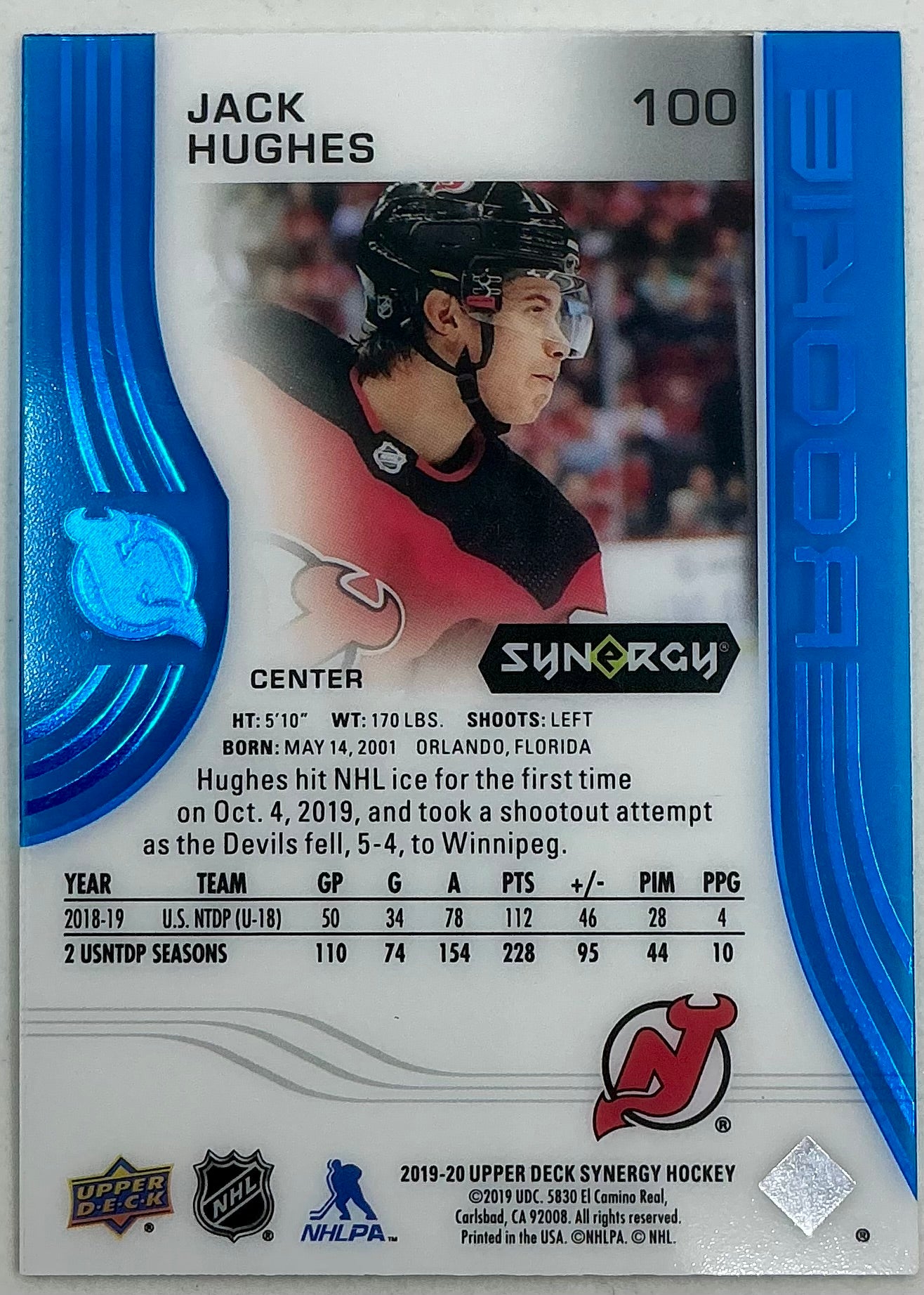 2019-2020 UD Synergy Parallel Rookie Jack Hughes #100 [Blue] /199