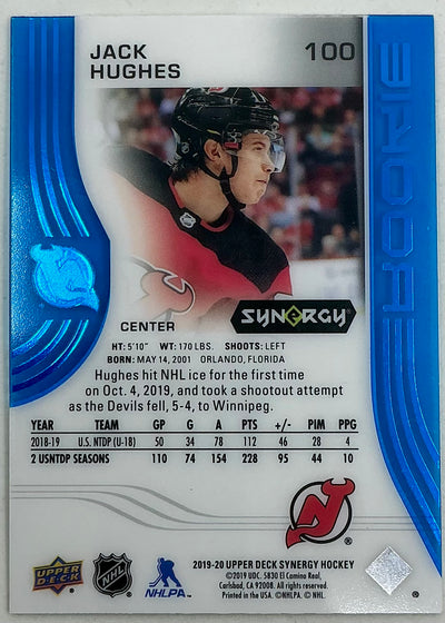 2019-2020 UD Synergy Parallel Rookie Jack Hughes #100 [Blue] /199