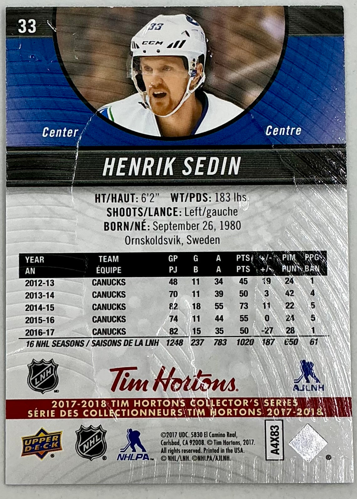2017-2018 UD Tim Hortons Henrik Sedin #33