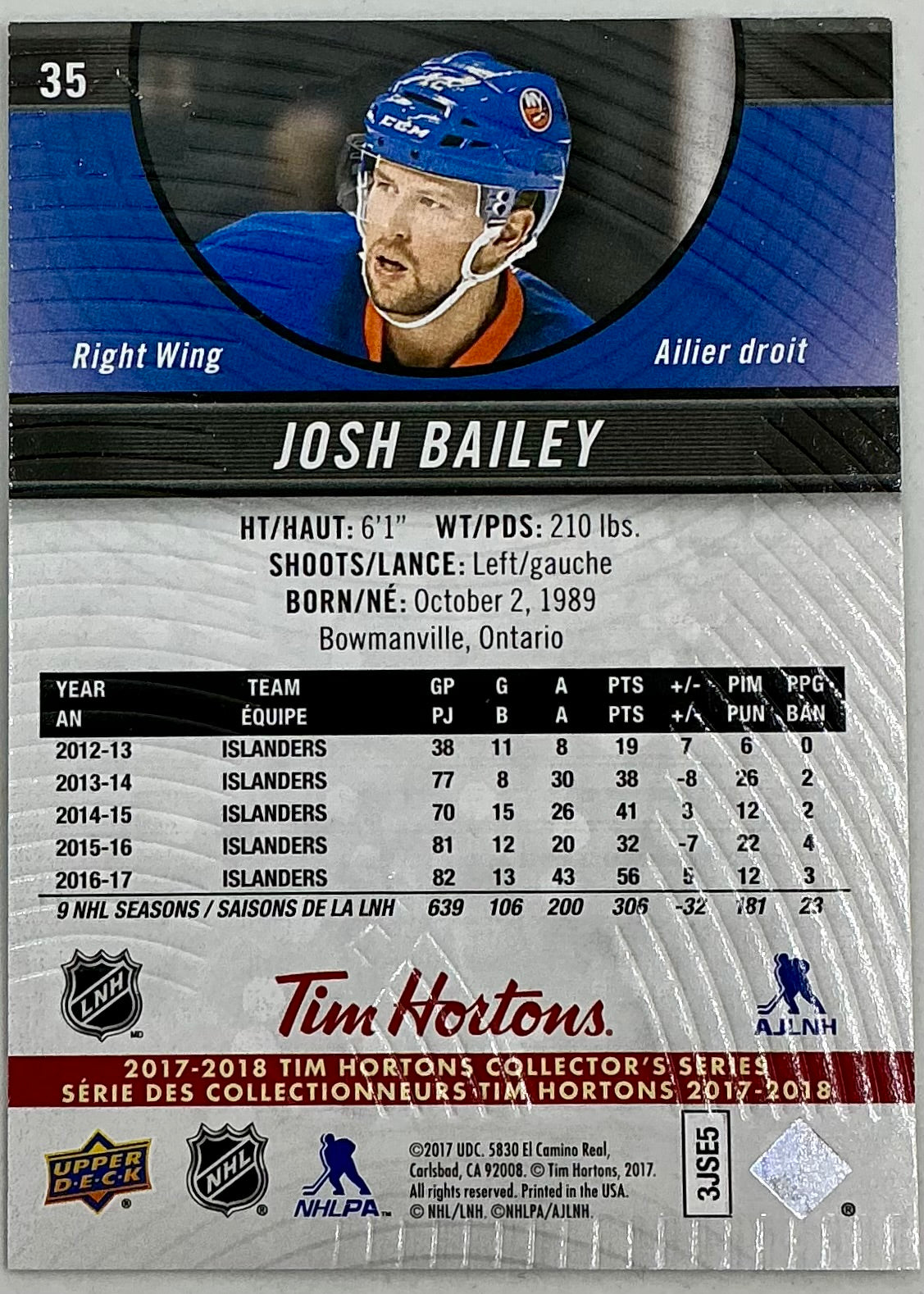 2017-2018 UD Tim Hortons Josh Bailey #35
