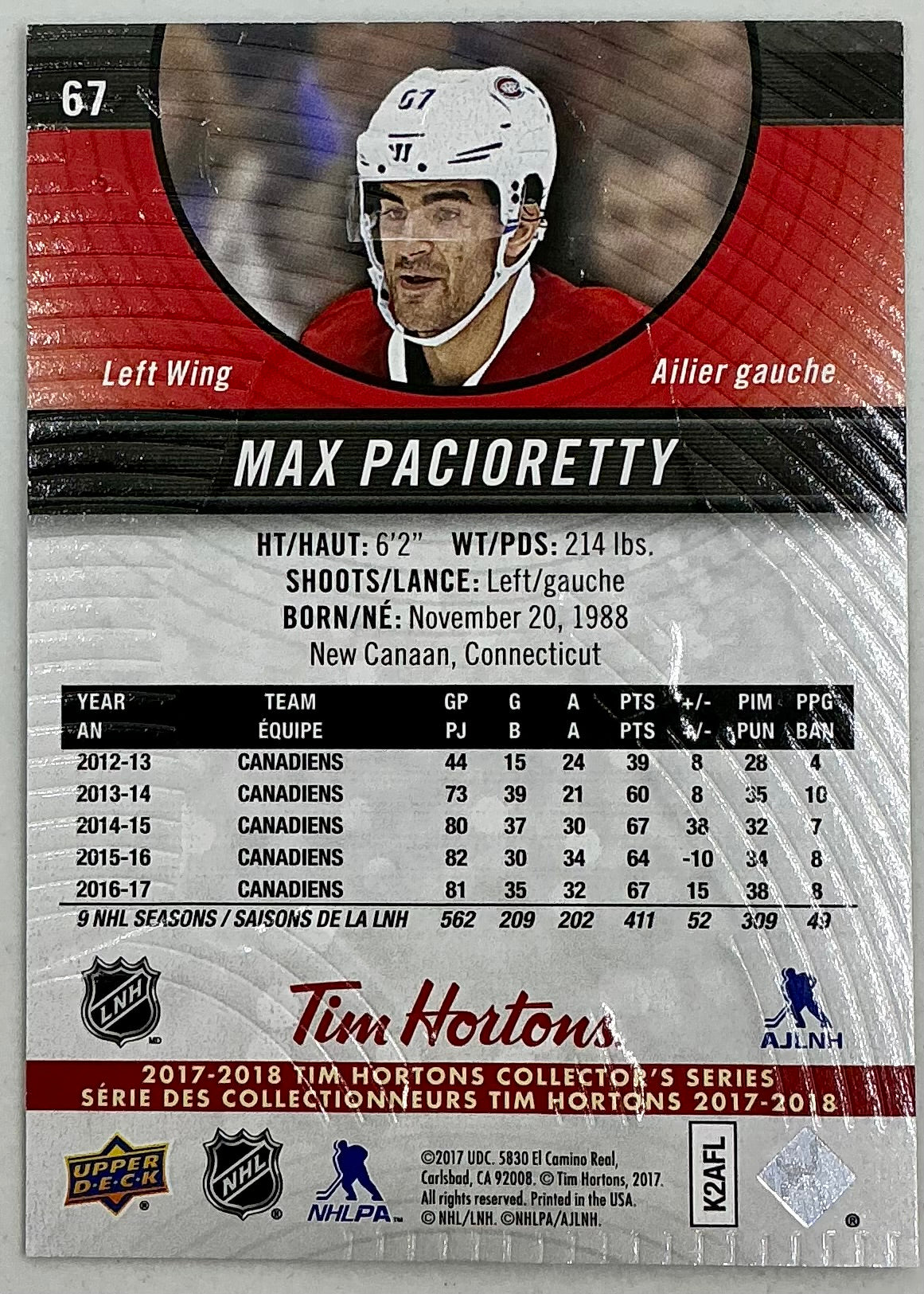 2017-2018 UD Tim Hortons Max Pacioretty #67