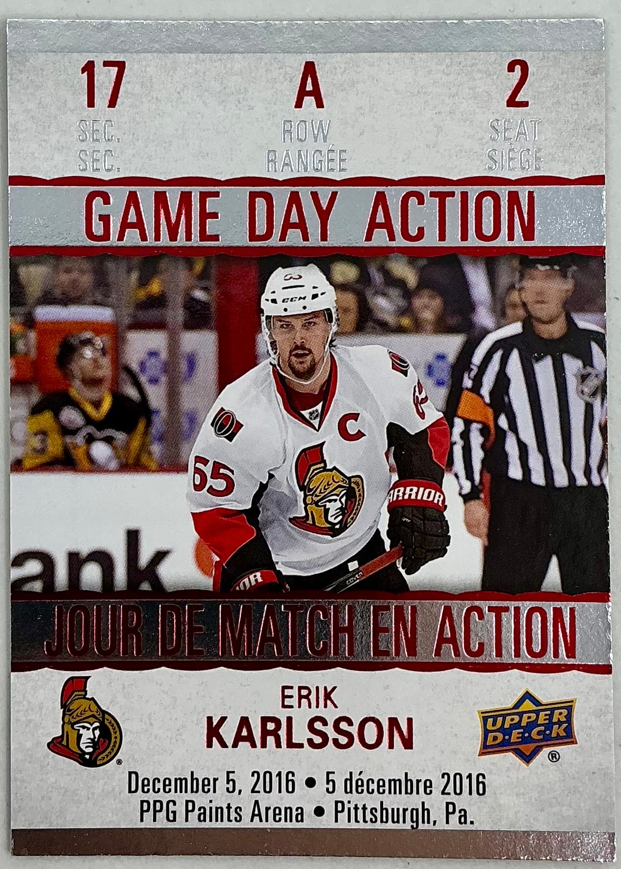 2017-2018 UD Tim Hortons Game Day Action Erik Karlsson GDA-2
