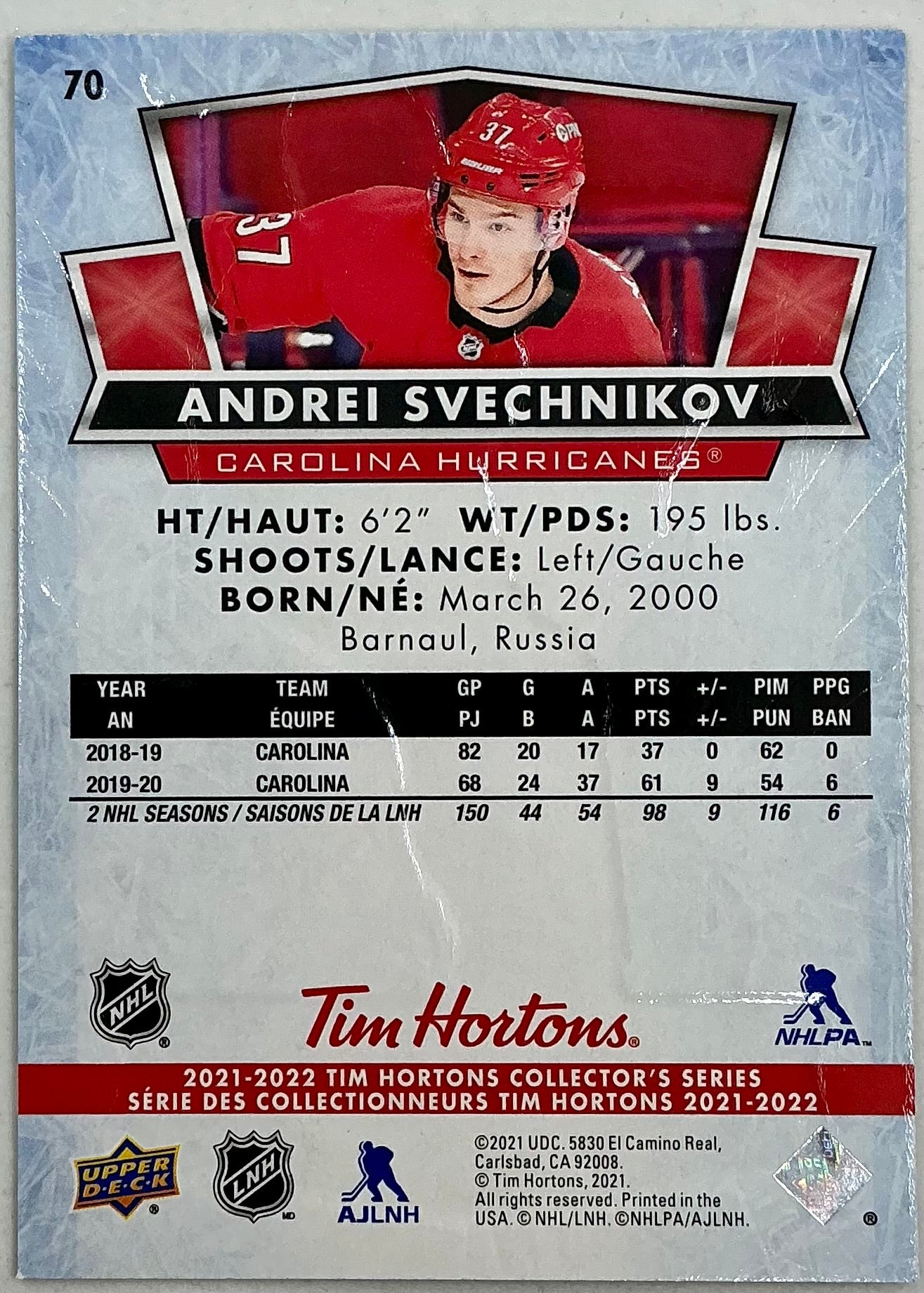 2021-2022 UD Tim Hortons Andrei Svechnikov #70