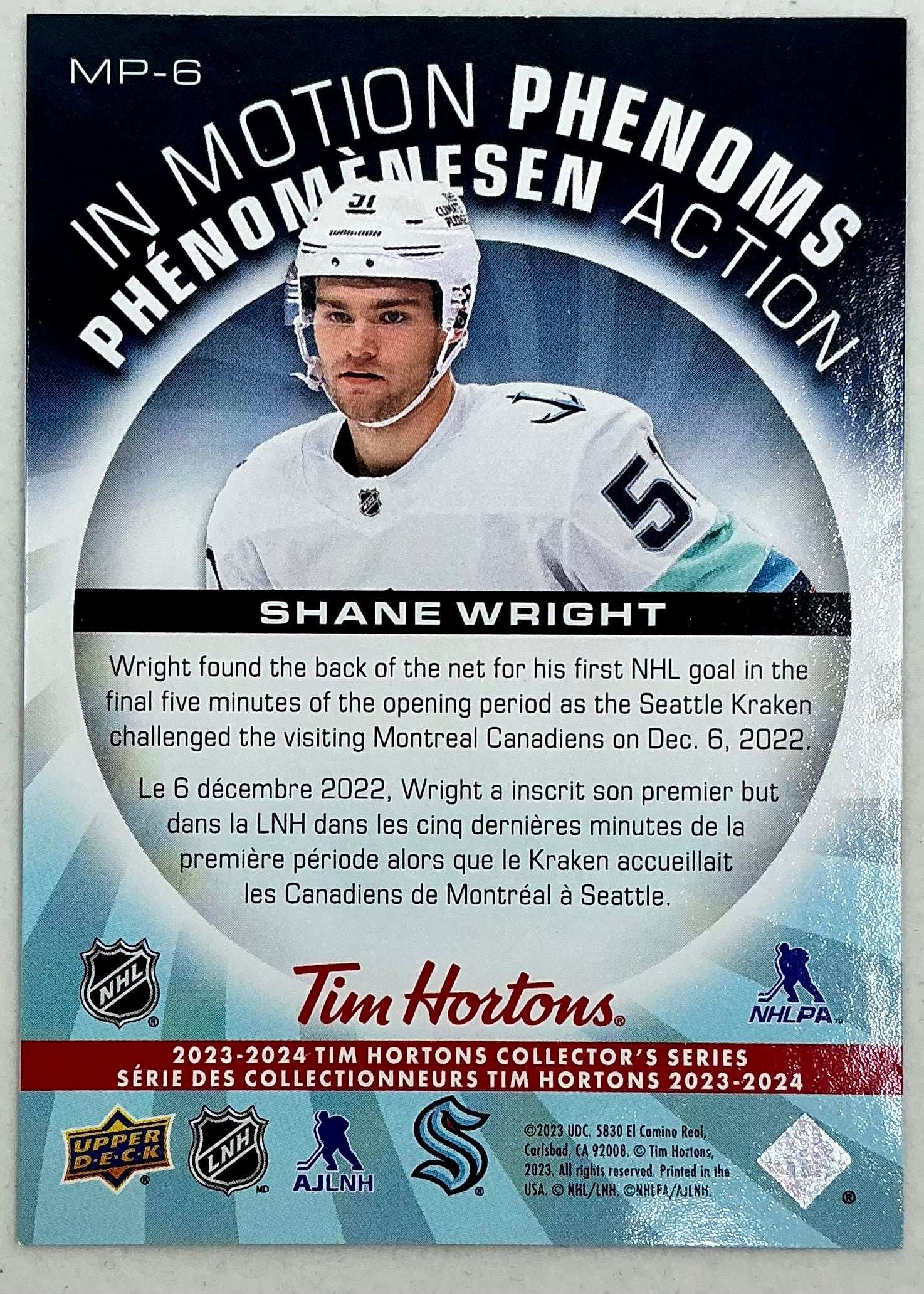 2023-2024 UD Tim Hortons In Motion Phenoms Shane Wright MP-6
