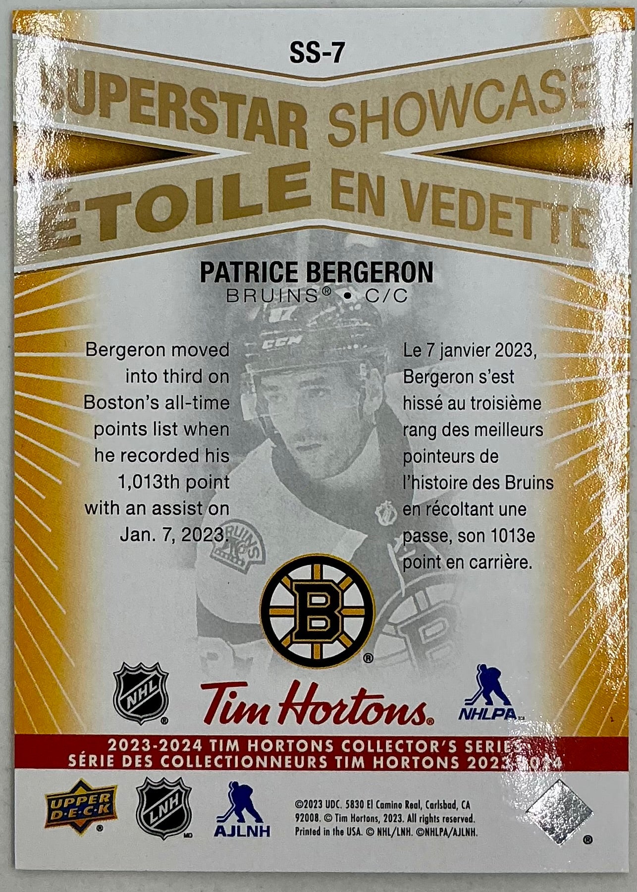 2023-2024 UD Tim Hortons Superstar Showcase Patrice Bergeron SS-7
