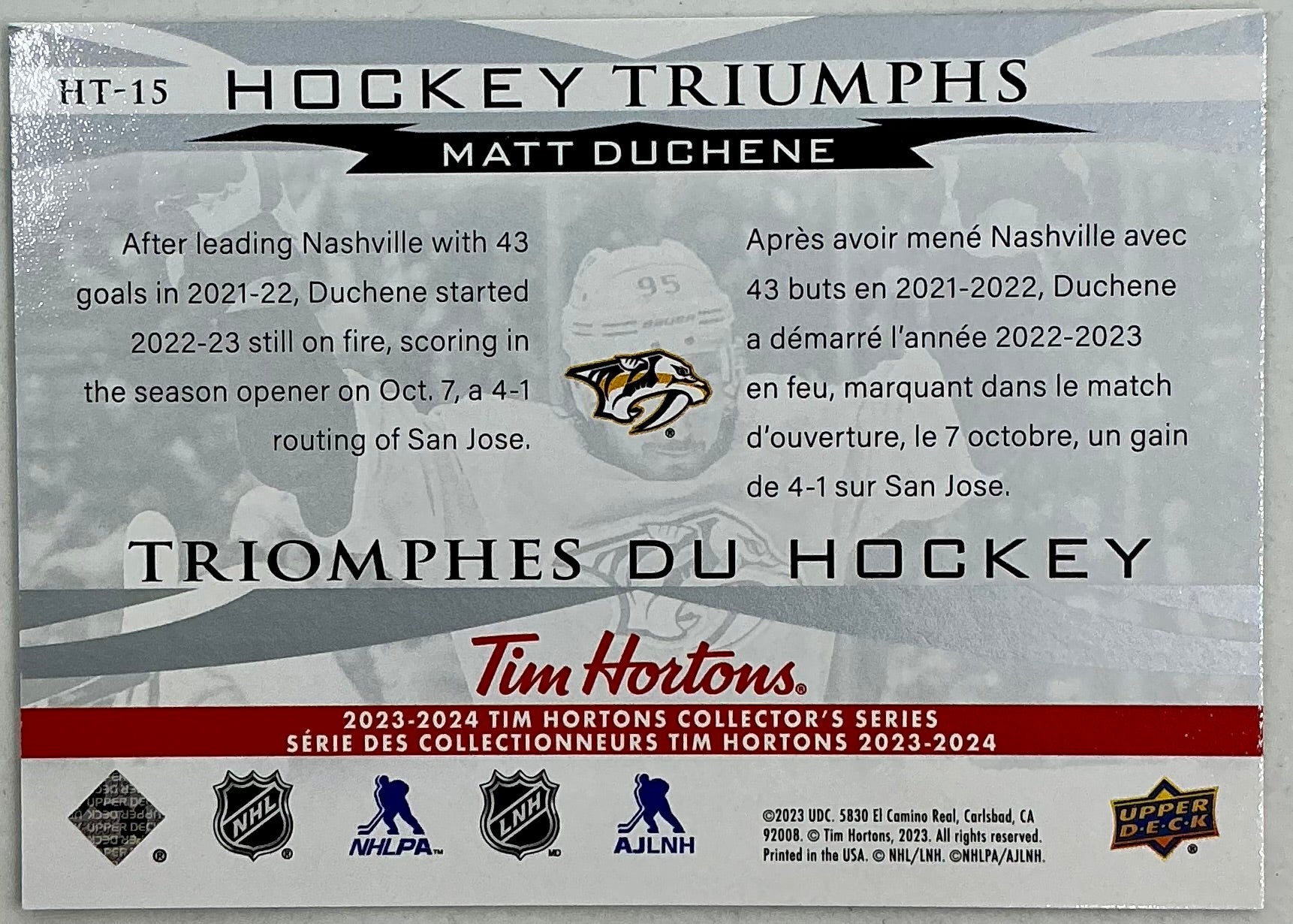 2023-2024 UD Tim Hortons Hockey Triumphs Matt Duchene HT-15