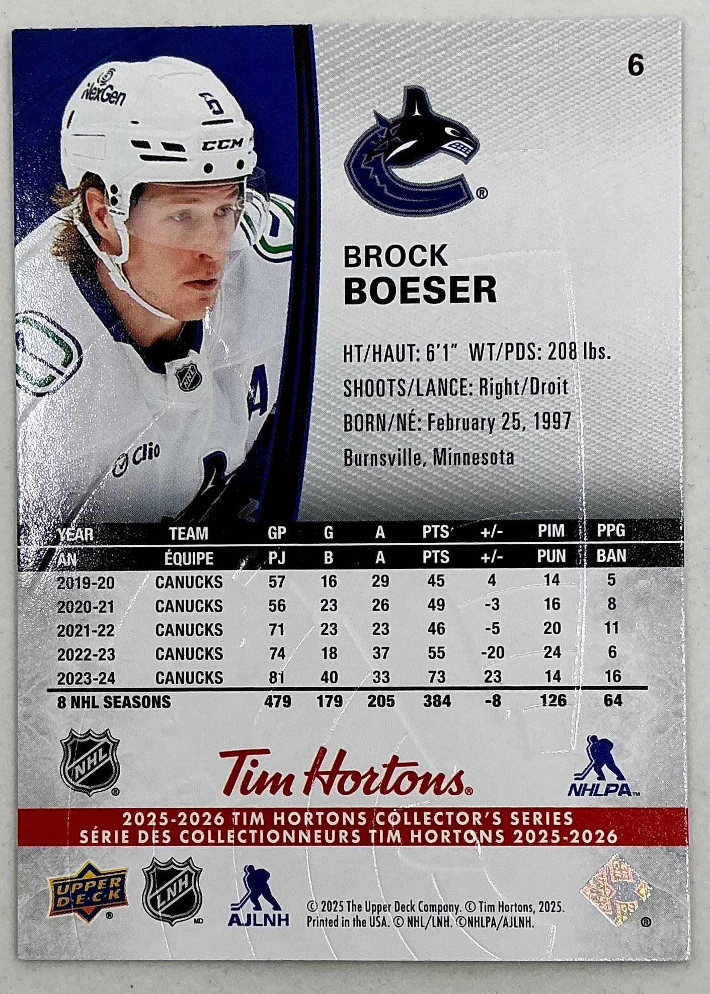 2025-2026 UD Tim Hortons Hockey Brock Boeser #6