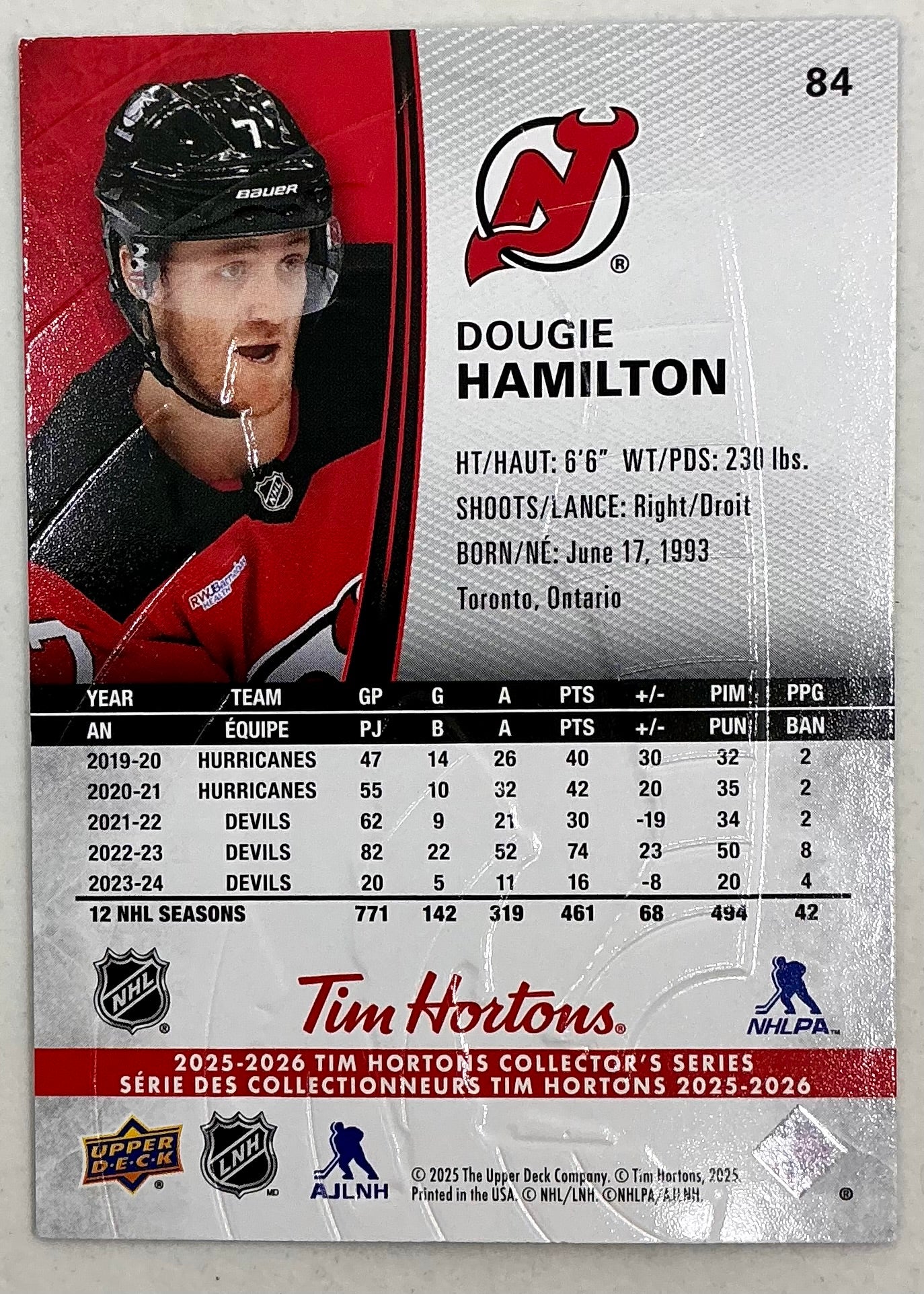 2025-2026 UD Tim Hortons Hockey Dougie Hamilton #84
