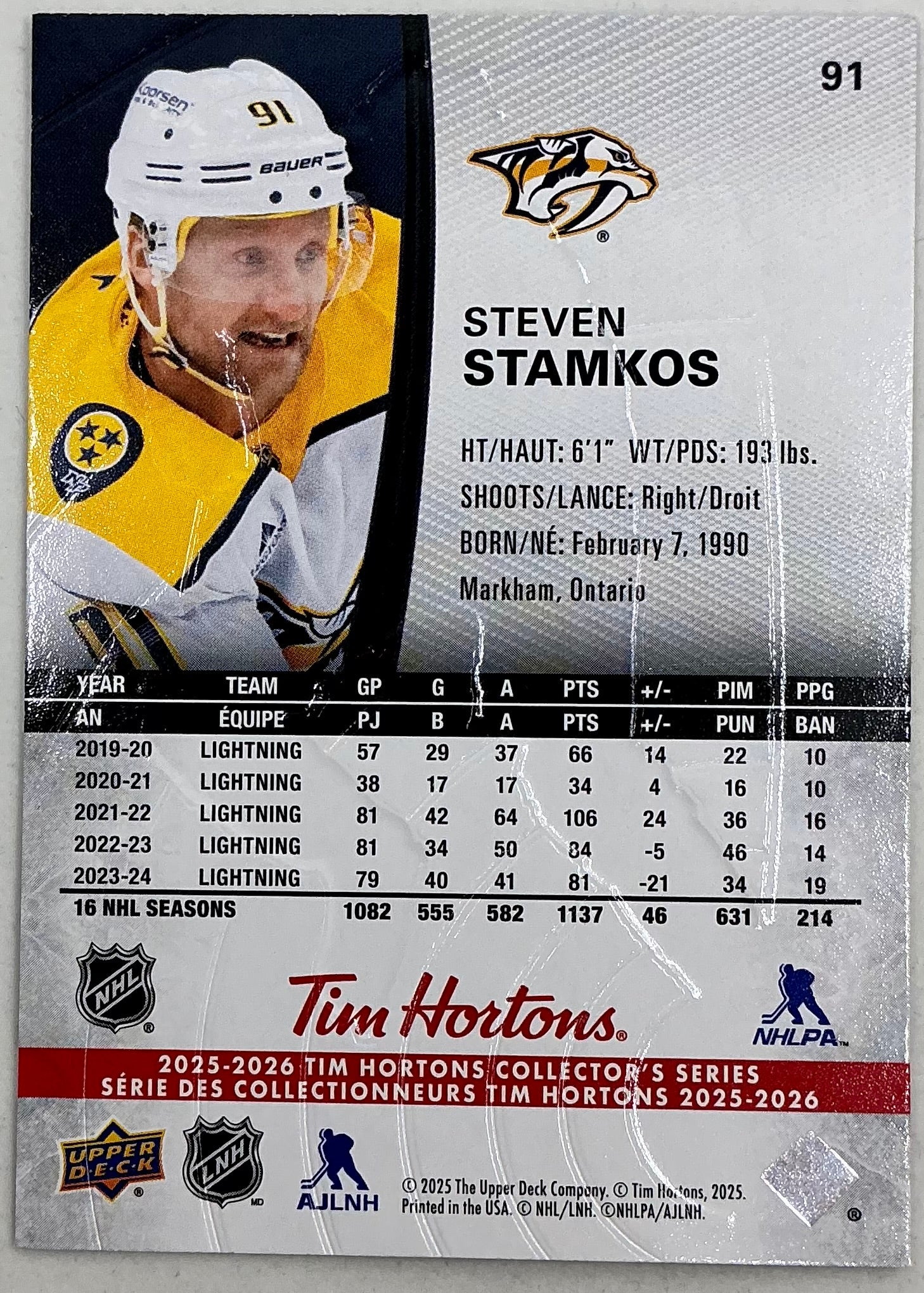 2025-2026 UD Tim Hortons Hockey Steven Stamkos #91