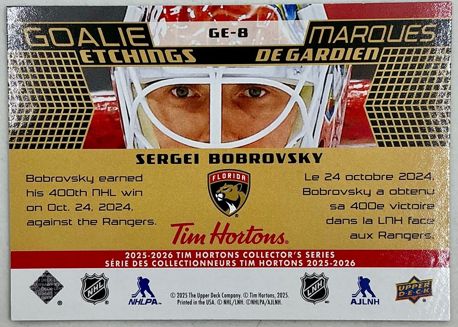 2025-2026 UD Tim Hortons Goalie Etchings Sergei Bobrovsky GE-8