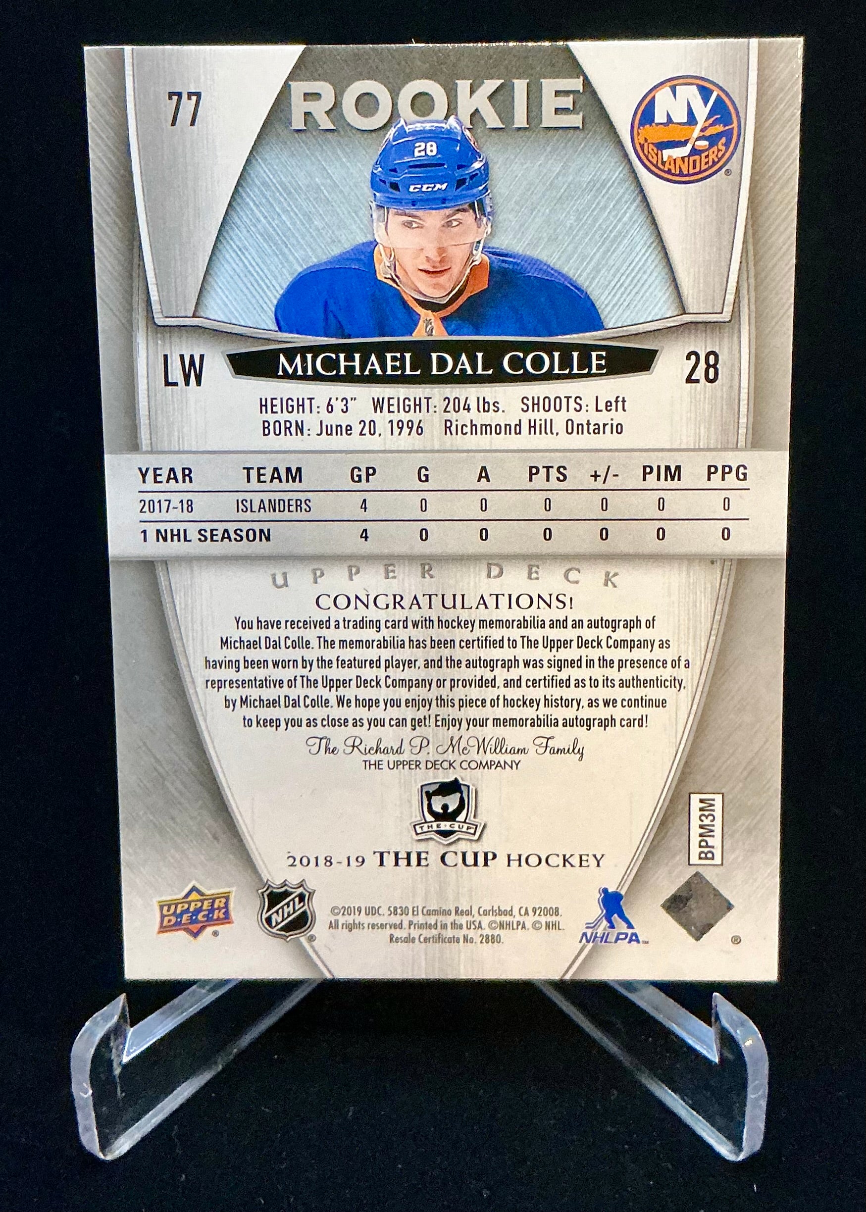 2018-2019 The Cup Rookie Auto Patch Michael Del Colle #77 /249