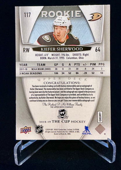 2018-2019 The Cup Rookie Auto Patch Kiefer Sherwood #117 /249