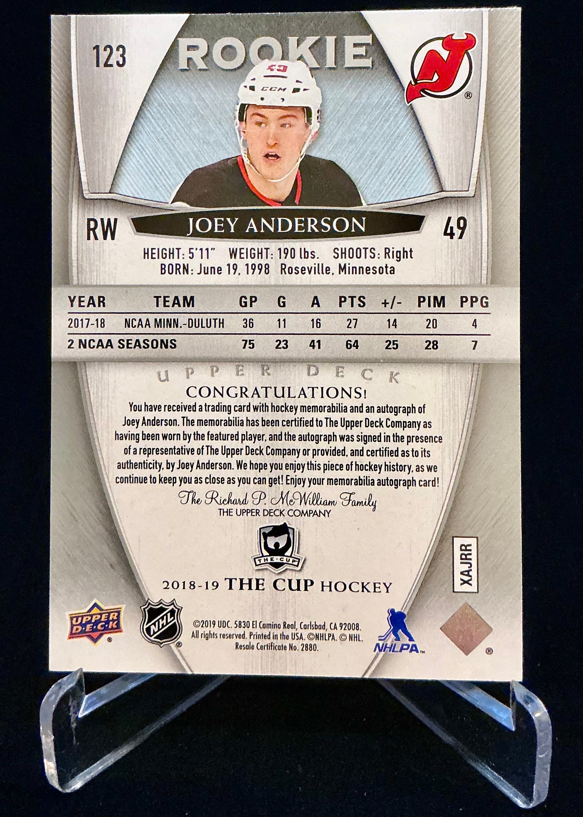 2018-2019 The Cup Rookie Auto Patch Joey Anderson #123 /249