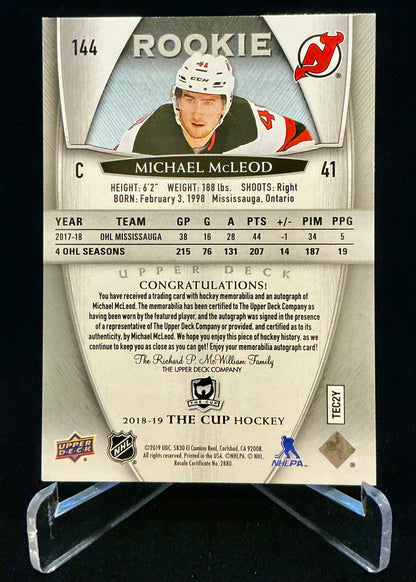 2018-2019 The Cup Rookie Auto Patch Michael McLeod #144 /249