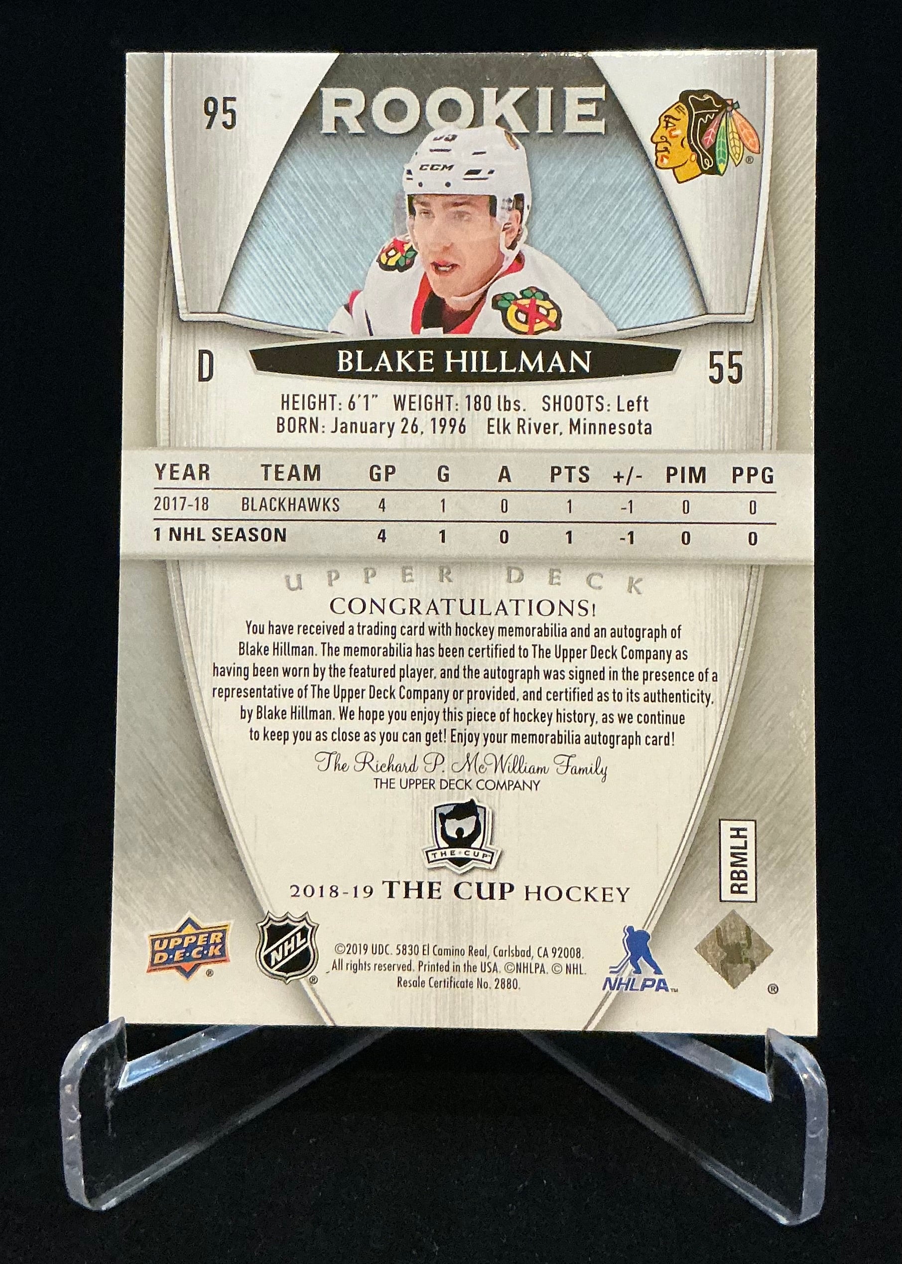2018-2019 The Cup Rookie Auto Patch Blake Hillman #95 /249