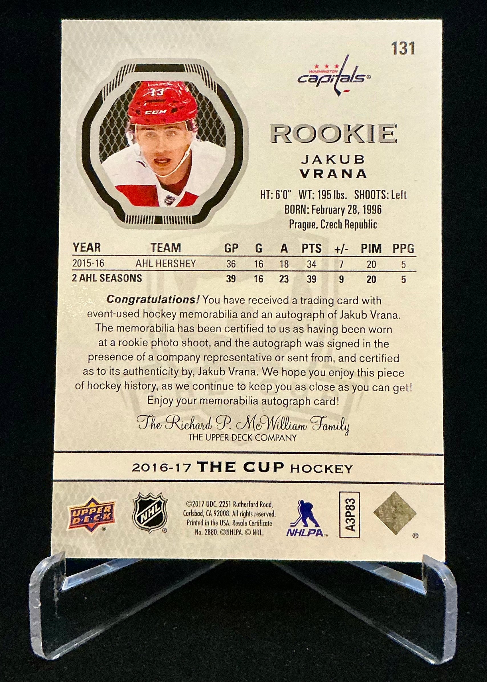 2016-2017 The Cup Rookie Auto Patch Jakub Vrana #131 /249