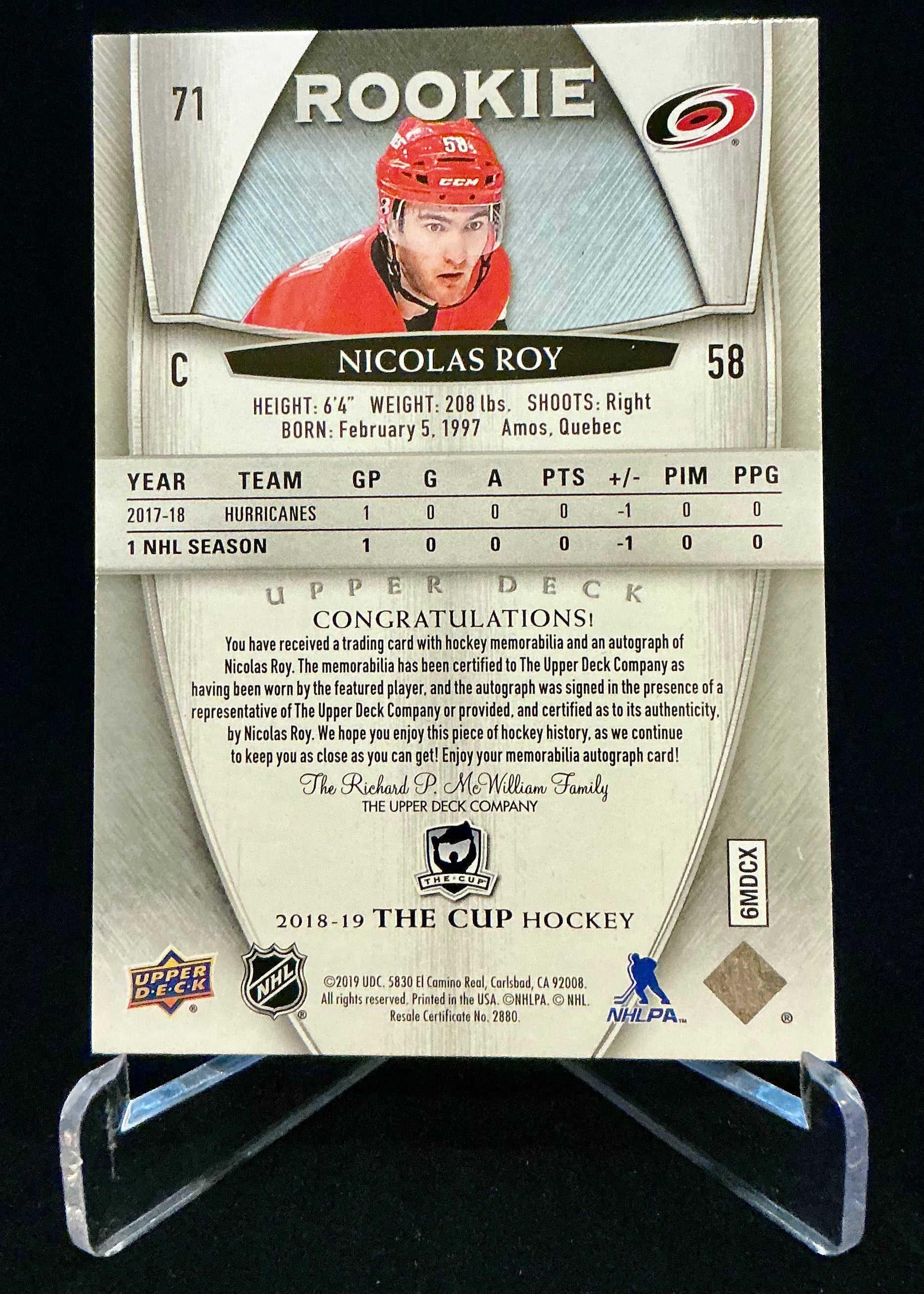 2018-2019 The Cup Rookie Auto Patch Nicolas Roy #71 /249
