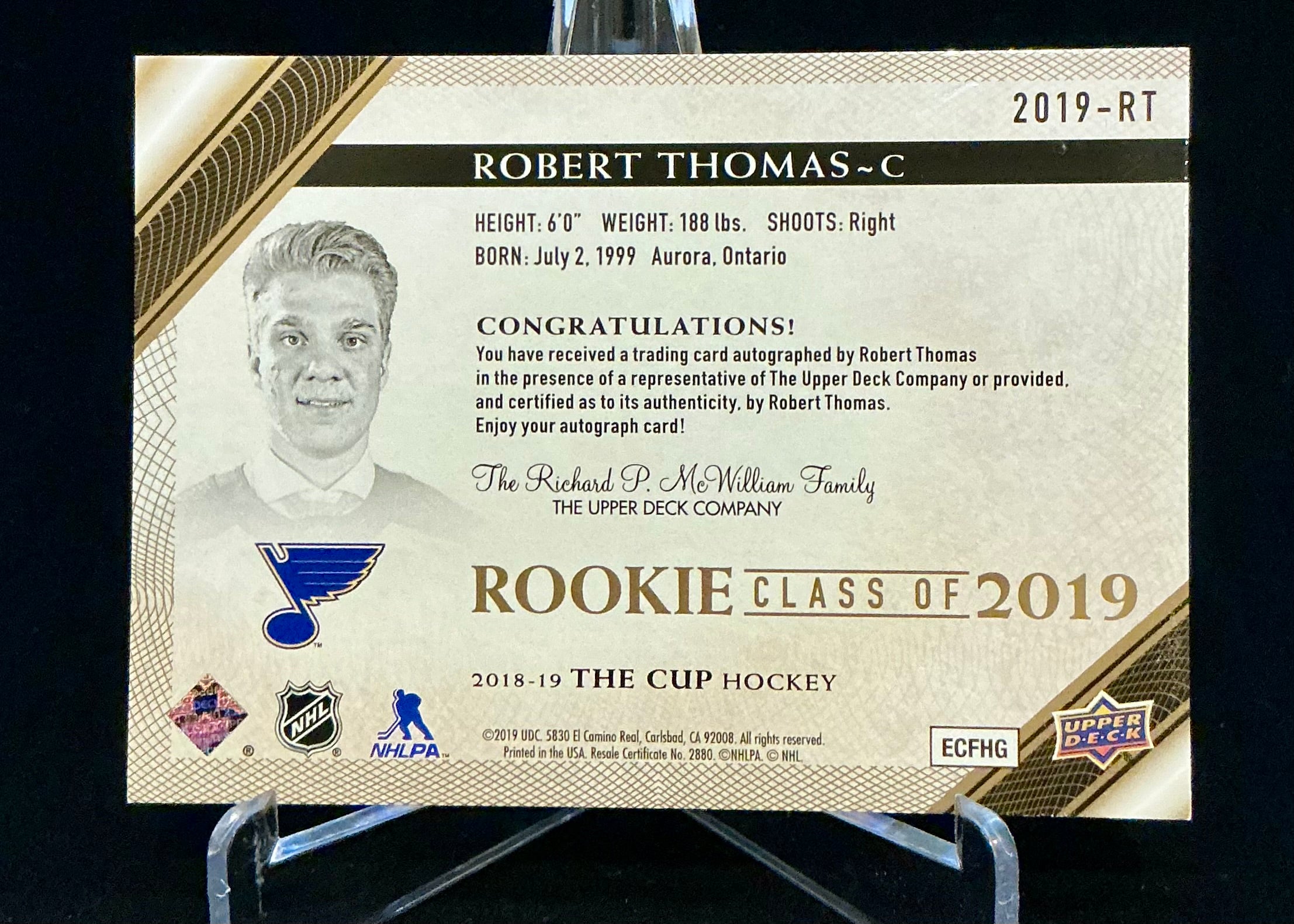 2018-2019 The Cup Rookie Class of 2019 Robert Thomas Gold Foil Auto /75