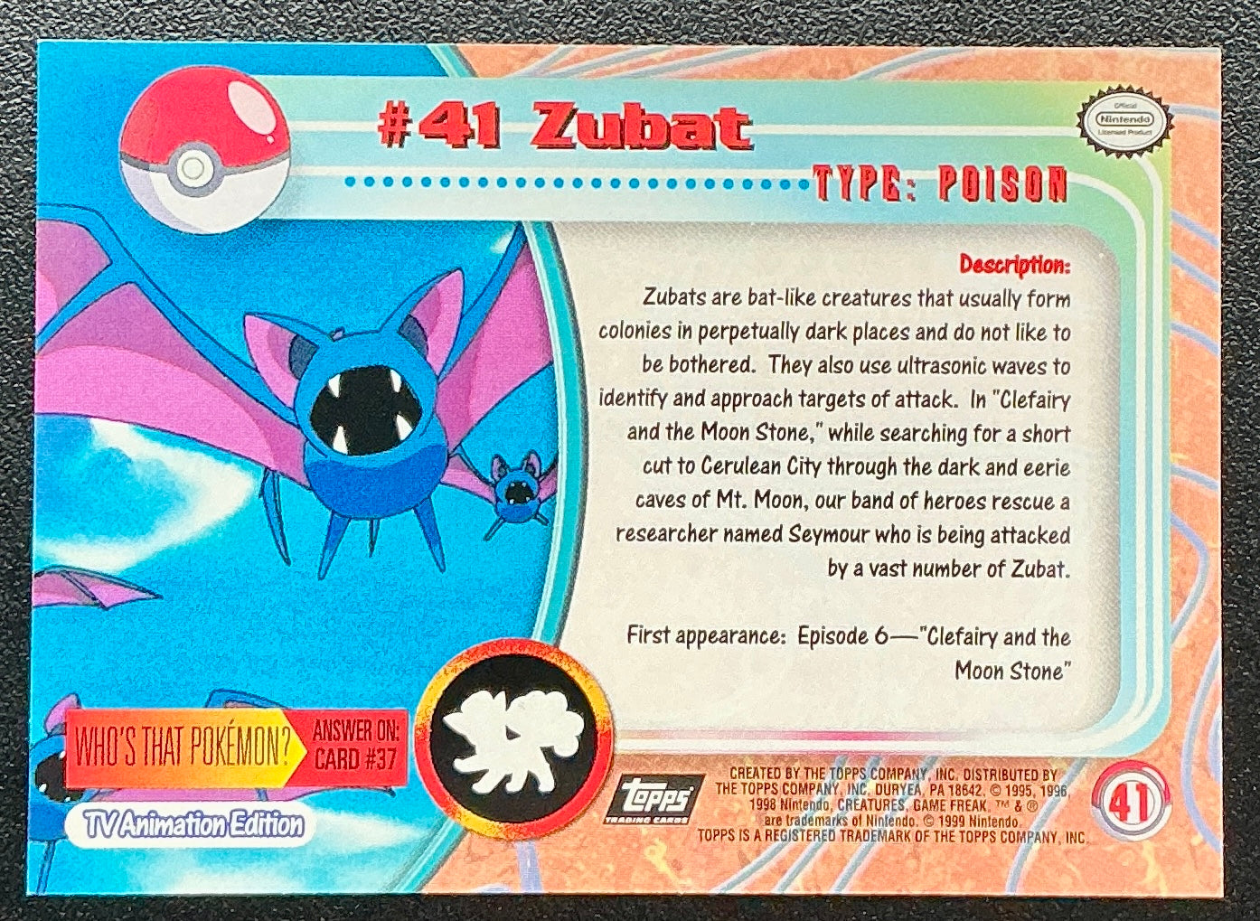 Pokémon Topps Zubat #41 Series 1 (Black Logo)