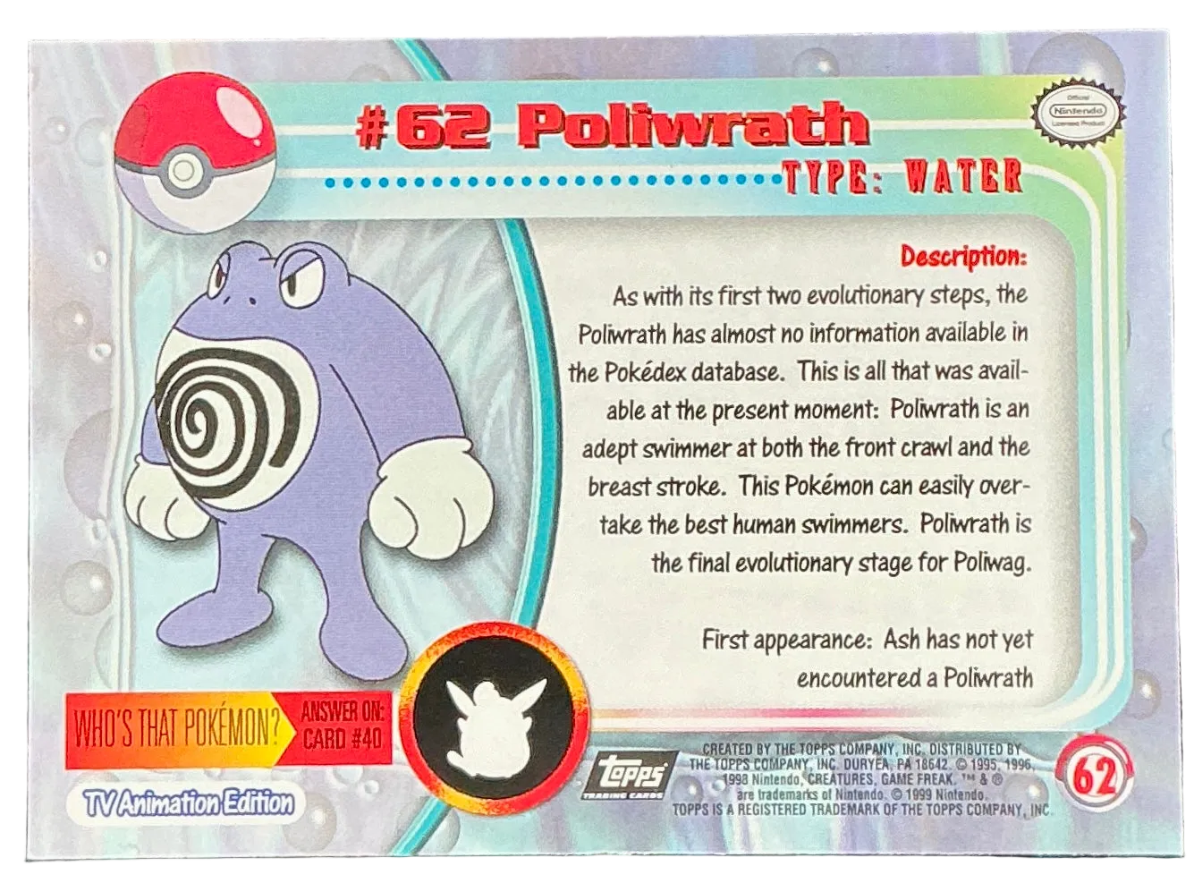 Pokémon Topps Poliwrath #62 Series 1 (Black Logo)