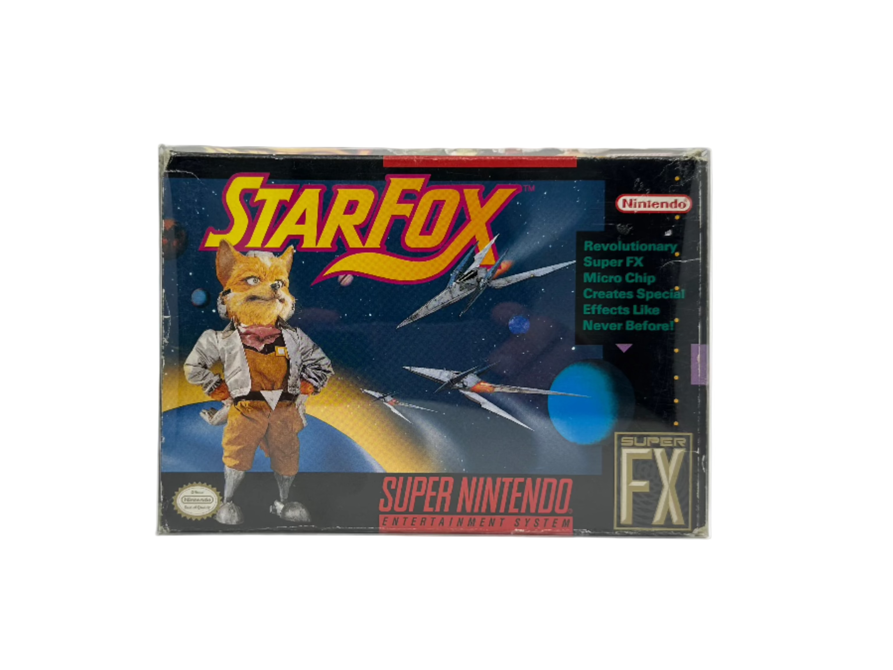 Super Nintendo 'Star Fox' game box with character and space-themed design
