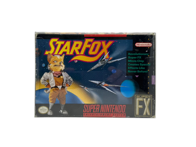 Super Nintendo 'Star Fox' game box with character and space-themed design