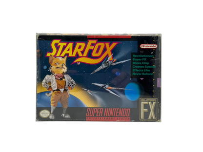 Super Nintendo 'Star Fox' game box with character and space-themed design