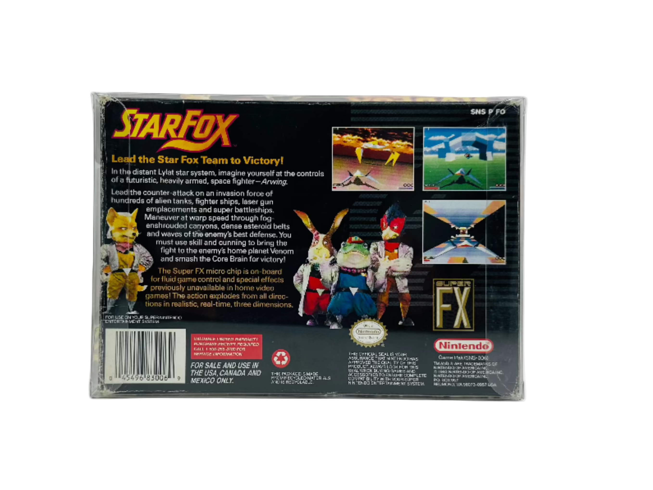 Back cover of Star Fox box for Super Nintendo cartridge.