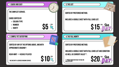 Details of the four sorting options for card bulk ranging from simple sorting based on colour or rarity, all the way up to a detailed list with a google sheet and pricing based on the most trusted websites according to condition.