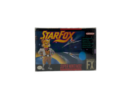 A Super Nintendo game cartridge for the game Star Fox.